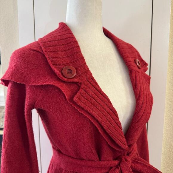 Anthropologie Sparrow Red Belted Mini Cape Cardigan Jacket 100% Merino Wool XS - Picture 4 of 9